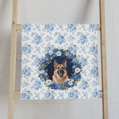 Blue Floral German Shepherd Dog Portrait Hand Towel – Cute Pet Bathroom Accessory