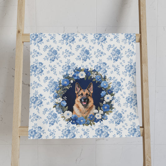 Blue Floral German Shepherd Dog Portrait Hand Towel – Cute Pet Bathroom Accessory