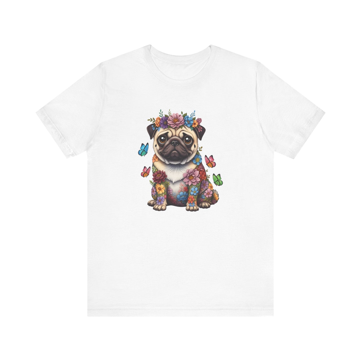 Whimsical Floral Pug Tee – Colorful Dog Lover Shirt with Butterflies