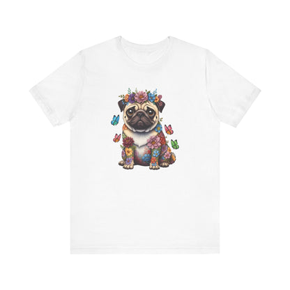 Whimsical Floral Pug Tee – Colorful Dog Lover Shirt with Butterflies