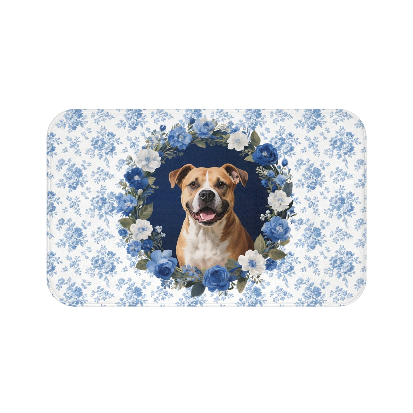 Blue Floral Pitbull Bath Mat – Cute Pitbull Dog Bathroom Rug