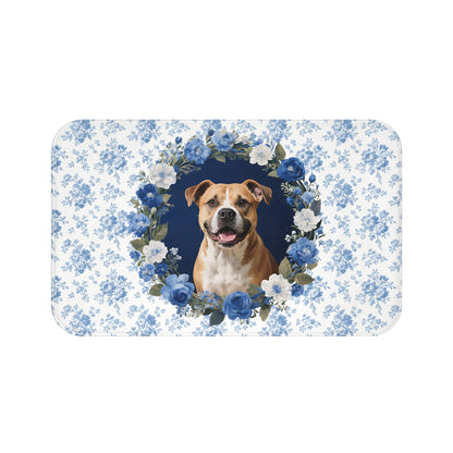 Blue Floral Pitbull Bath Mat – Cute Pitbull Dog Bathroom Rug