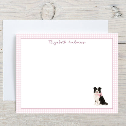 Border Collie Dog Pink Gingham Personalized Notecard Set