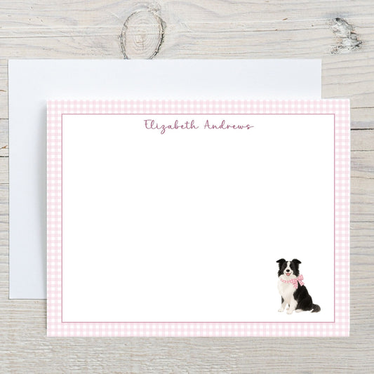 Border Collie Dog Pink Gingham Personalized Notecard Set