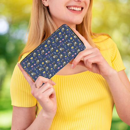 French Bulldog Navy Blue Floral Zip Around Wallet