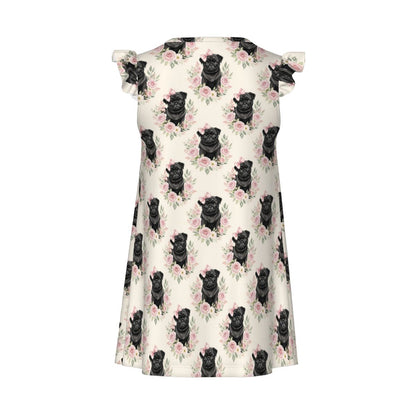 Black Pug Dog Girl's Flutter Sleeve Nightgown