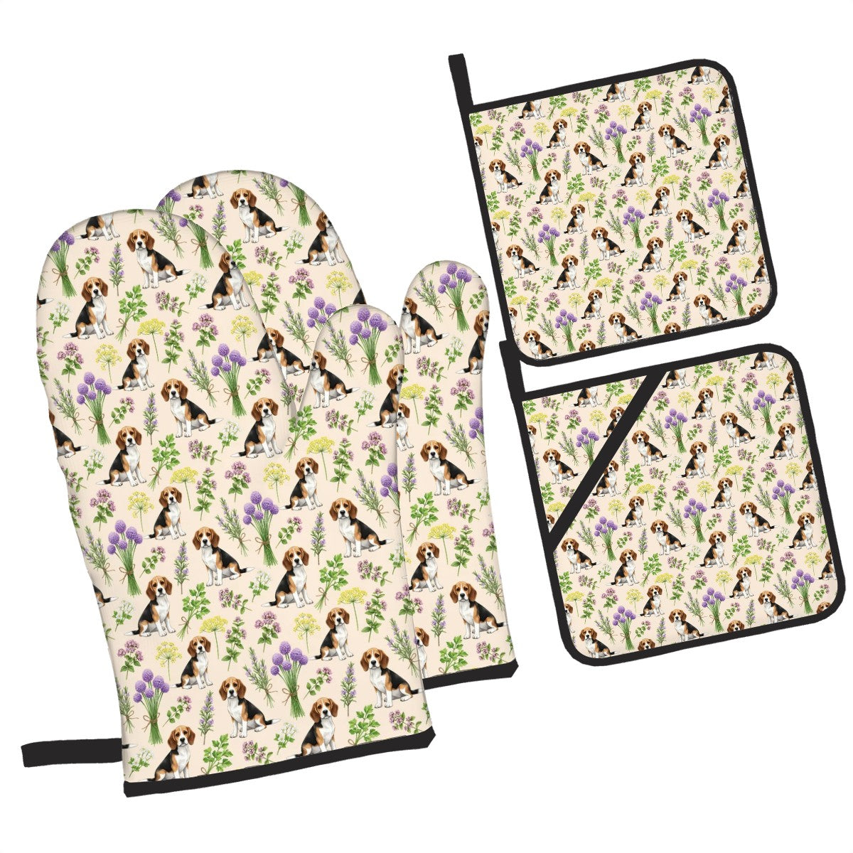 Beagle Dogs & Herbs Oven Mitt and Pot Holders Set