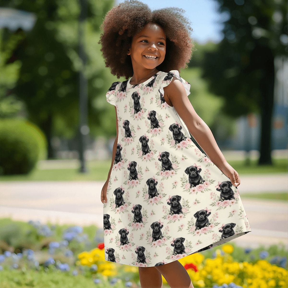 Black Labrador Retriever Girl's Flutter Sleeve Nightgown